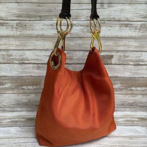 JPK Paris 75 Purse Nylon Bucket Hobo Bag Orange Brown Chunky Large Fall Classy - Picture 3 of 16